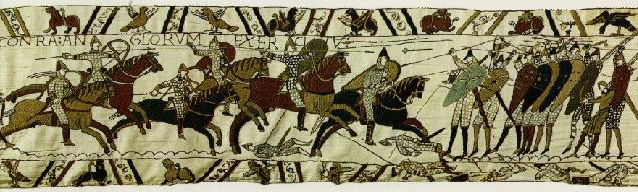 Tapiserie zBayeux, 11. stolet znzorujc vylodn Vilma Dobyvatele 
a bitvu u Hastingsu